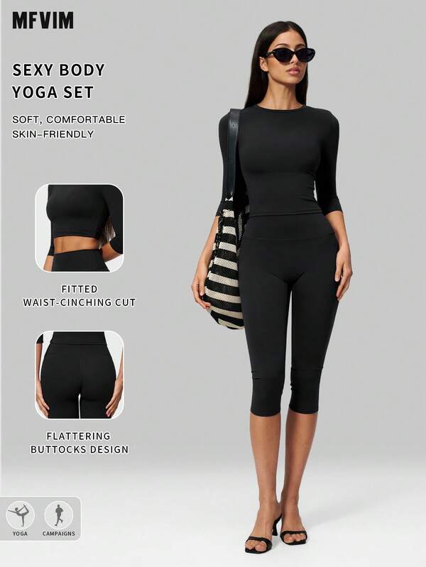 MFVIM Women's Naked Feel High Elastic Yoga Set, Round Neck 3/4 Sleeve Mid-Sleeve Tummy Control Slim Fit Tight Sports T-Shirt Cropped Top, High Waist Butt Lifting Slimming 3/4 Leggings Biking Pants Tight Pants Riding Pants, Gym Running Pilates Studio Equipment Training Outdoor Home Quick Dry Breathable Sports Wear 2-Piece Set, Fashion Minimalist Basic Versatile Plus Size Base Layer Casual Wear