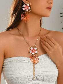 3Pcs/Set Boho Tropical Flower Monstera Leaf Jewelry Set, Gradient Earrings Y Tassel Necklace, Women Summer Beach Vacation Statement Accessory Gift - Gradient Powder - View 1