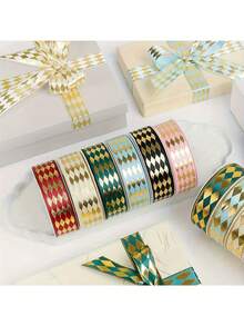 1pc Red & Gold Foil Diamond Lattice Satin Ribbon, Heat-Stamped Diamond Pattern Gift Wrapping Ribbon, Suitable For Halloween, Christmas Bows, Handmade Gifts, Packaging Decoration, Theme Party, Home Decor, Holiday Celebration - Multiple Styles - View 5