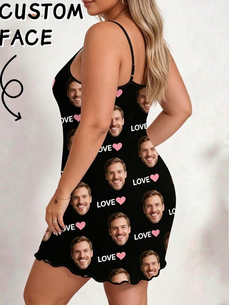 Women's Custom Spaghetti Strap Mini Slip Dress, Black, Decorated With Personalized Face, Red LOVE Letters And White Heart All-Over Print - Multicolor - View 1