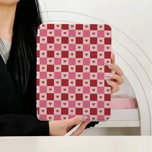 1件裝 灰紅色腮紅粉棋盤格迷你紅心滿版印花平板保護殼，相容 iPad PRO/AIR、、小米 Pad 5/6/7、Oppo Pad、華為 MatePad、Vivo Pad、榮耀 Pad、聯想小新 Pad - 彩色 - 查看 2
