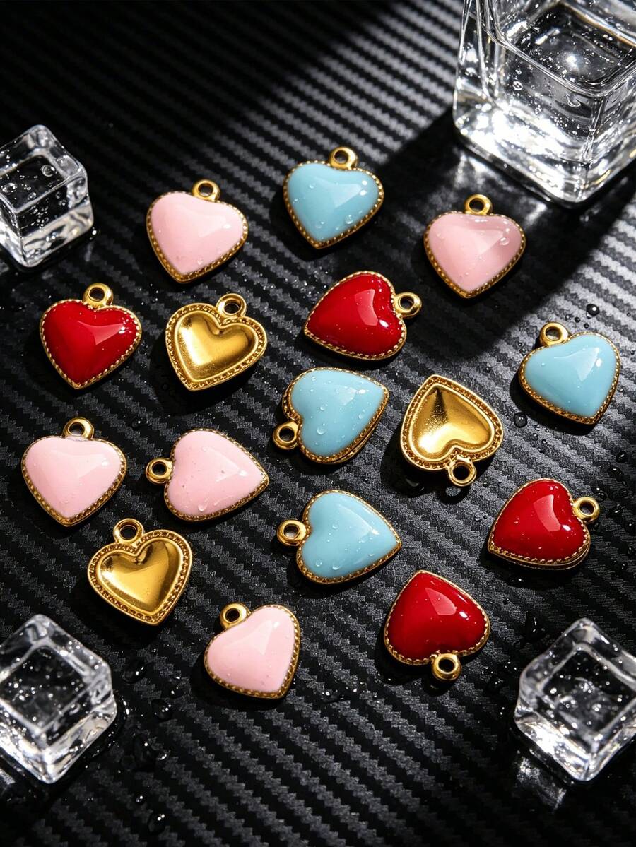 20pcs Stainless Steel 18K Gold Plated Pendants: Red Heart Shaped Pendant, Earrings, Bracelet And Necklace - DIY Jewelry Making Supplies - Pendants - View 1