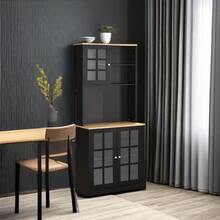 Kitchen Pantry Storage Cabinet, Freestanding Food Pantry Hutch Cabinet With Large Countertop Glass Doors And Adjustable Shelves, Modern Coffee Bar Microwave Stand Storage Organizer For Dining Room, Black - Black - View 4