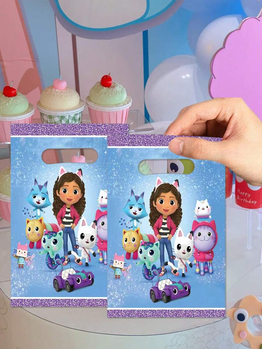 MASSDI Gabby Dollhouse Party Favor Bags, Cartoon Themed Goodie Treat Bags With Die Cut Handles For Birthday Party, Baby Shower, Festival Celebration, Party Decorations, Candy Gift Bags For Guests, Party Supplies For Themed Events, Pink Sparkle Design - Handbag - View 1