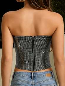ATTRACO Atasan Bandeau Seksi Slim Fit Wanita, Cocok untuk Pesta, Konser, Halloween - Hitam dan putih - View 3
