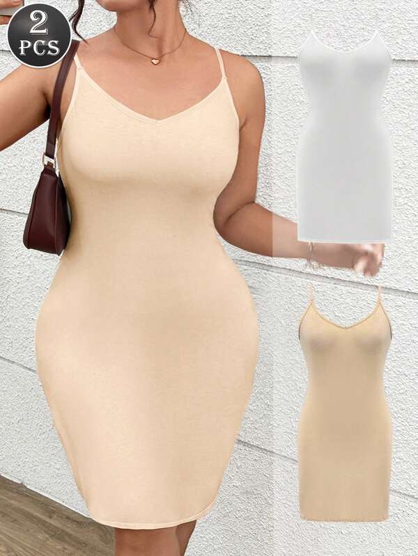 2PCS Plus-Size Shaping Skirt-Sheer-Proof And Modest, With Adjustable Straps-Liner Skirt For Women, Bodycon Spaghetti-Strap Dress (Light Shaping)