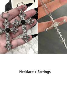 2 piezas Pendientes de cruz de estilo gótico con exagerados cristales de plata, combinados con accesorios de punk rock negro para Halloween - gótico - Ver 15