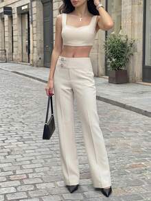 Women's Elegant Low-Waist Flared Trousers, Beige Double-Button Wide Waistband With Front Center Seam Flare Dress Pants, Suitable For Daily Commute, Streetwear, Travel, Shopping - Beige - View 2