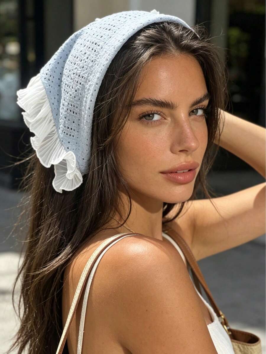 1pc Coquette French Sweet Girl Style Solid Color Hollow Knit Wide Headband With Side Pleated Ruffle Fabric Patchwork Breathable Headwrap Hairband For Women Face Washing Skincare Daily Street Wear Gentle Vibe Hair Accessory - Multicolor - View 1
