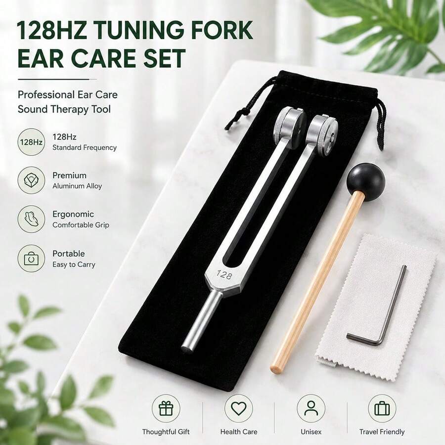 1件 128Hz 調音叉-專業耳部震動器,適用於聲音療法與放鬆,附手動耳挖棒,具共振療法效果(適合維護耳部健康與緩解壓力) - 銀色 - 查看 1