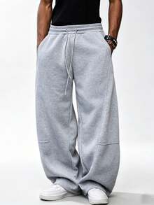 Men's Loose Wide Leg Pants, Solid Color Design With Drawstring Detail, Casual Style Long Sports Pants, Polyester Fabric, Hand Wash Only, Suitable For Daily Wear, Jogging And Other Occasions, Fit For Spring And Autumn Seasons - Light Grey - View 4