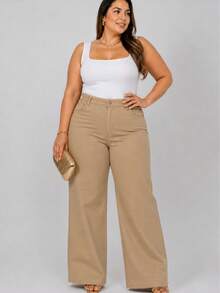 Women's Wide Leg Plus Size Jeans - High Quality - Khaki - View 4