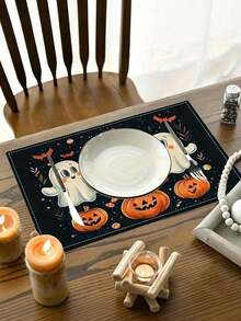 2 piezas Manteles individuales de Halloween con diseño de fantasma, manteles individuales de temporada festiva, adecuados para decoración de fiesta, cocina y comedor, manteles individuales de Halloween estilo granja para decoración de mesa de comedor interior, reuniones en el hogar, adecuados para mesa de comedor de cocina interior/exterior, manteles individuales lavables - Q - Ver 3