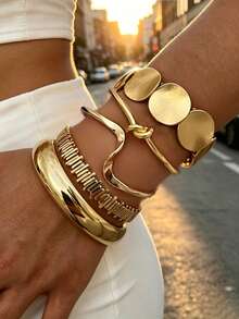 5pcs/1pc Vintage Casual Exaggerated Glamorous Geometric Design Wide Metal Gold Bracelet Set For Daily Wear And Gift - Gold - View 2