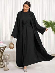 Women 2 Pieces Set: Long Sleeve Loose Abaya And Dress, Solid Color Modest Robe Spring Black - Black - View 2