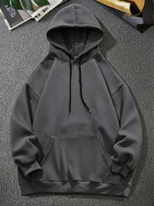 AnChiStreetwear--Plus Size Men's Fashion Casual Solid Color Pocket Drawstring Hoodie Sweatshirt, Perfect For Daily, Street, Sports, College, Outdoor Wear - Dark Grey - View 3