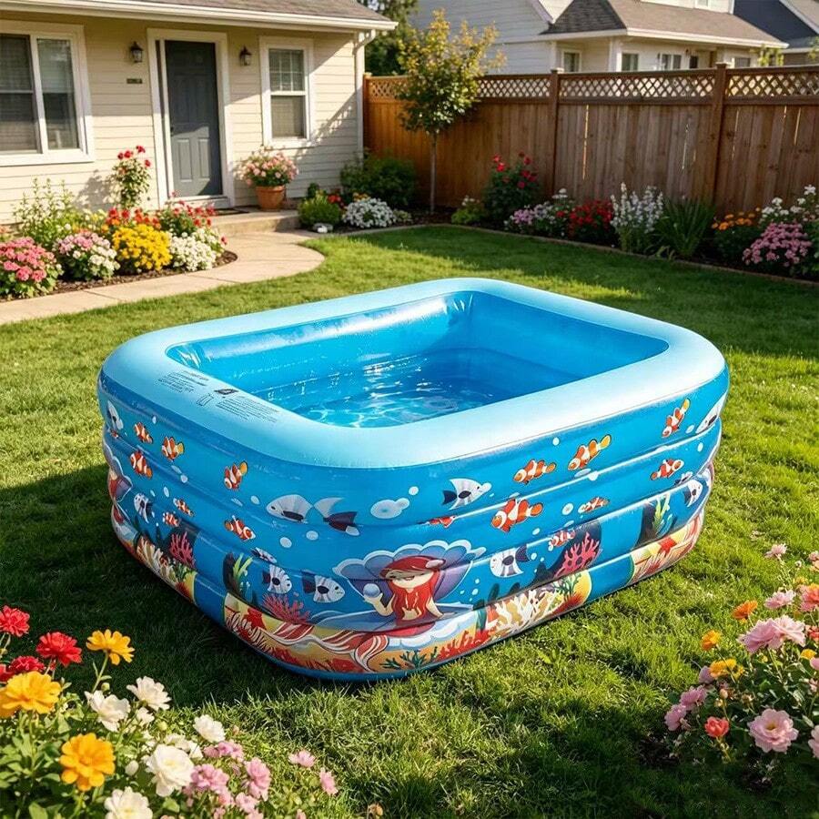 Kolam Renang Tiup Persegi Dunia Bawah Air, Kolam Air Tiup Lipat untuk Rumah, Bahan PVC Tebal, Bak Bermain Dalam/Luar Ruangan - MultiWarna - View 1