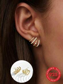 1 Pair S925 Sterling Silver Minimalist Ins Style Niche Design Curved Stud Earrings For Women, Layered Cool Gentle Elegant Delicate Daily Commute Asymmetrical Earrings - Geometry - View 2