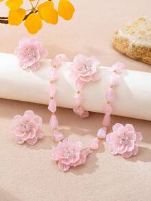 5pcs Women's Jewelry Set Exaggerated Vintage Elegant Acrylic Beaded Flower Pendant Necklace, Earrings, Bracelet, Ring Set Suitable For Beach Vacation, Party, Banquet And Daily Wear - Pink - View 2