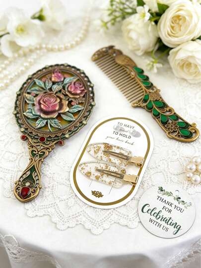 Vintage Rose Handheld Mirror Peacock Carved Comb Gold Foil Hair Clip Gift Set, Round Floral Thank You Tag, Bridesmaid Gift, Wedding Guest Favor, Engagement Party Gift, Bridal Shower Gift, Bachelorette Party Gift, Wedding Thank You Gift, Best Friend Memorial Gift, Wedding Keepsake, Exquisite Women's Beauty Gift Box