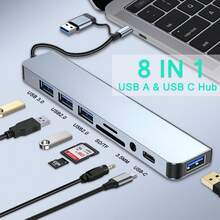 Hub USB, compatible con interfaces USB y Tipo C, estación de acoplamiento USB C de 8 puertos, con USB 3.0, USB 2.0, lector de tarjetas Micro SD/TF, micrófono/audio y otras interfaces, adecuado para portátiles, cámaras, computadoras de escritorio Pro, dispositivos de tableta - gris plata - Ver 2