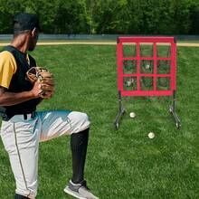 9-Grid Adjustable Height Baseball Pitching Training Net, Iron Frame Polyester Target Net With Casters For Backyard Golf Throwing Practice - Red - View 3