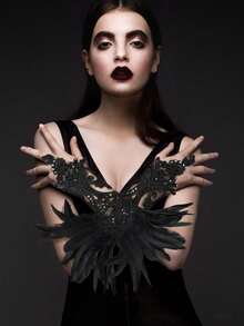 Black Lace Arm Sleeves With Faux Feather Decor, Finger Loop Gloves, Suitable For Balls And Dancing, Halloween Gothic Style Arm Sleeves (Artificial Fiber Feathers) - View 6