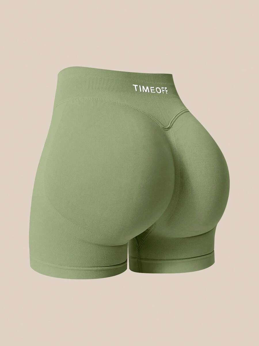 TimeOff 1 pieza Shorts deportivos de mujer de unicolor con cintura alta, banda de cintura acanalada y espalda fruncida - Verde militar - Ver 1