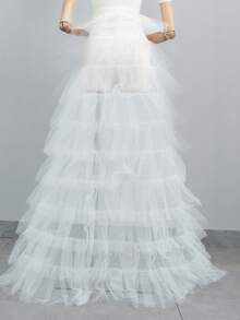 1 Pc Layered White Tulle Train Wrap Skirt Tie Waist Ruffle Tutu Overlay For Wedding Bride Evening Formal Party Dress Layering Accessory - A - View 13