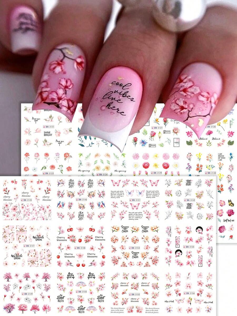 SWEET TREND Adesivos de Arte de Unhas com Transferência de Água Floral em 2 Cores, 24 Estilos Incluindo Rosa, Flor de Pêssego, Flor de Cerejeira, Padrões de Borboleta, Adesivos de Decoração de Unhas DIY, Acessórios de Arte de Unhas - Multicolorido - Visão 1