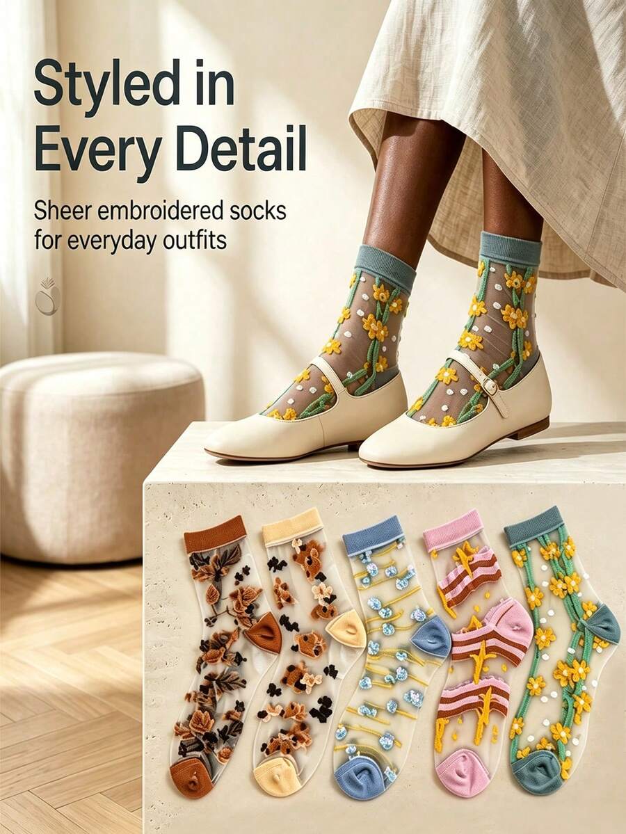 5 Pairs Women's Glass Fiber Mid-Calf Socks, Vintage 3D Fluffy Flocked Printed Pattern Design, Creative Fashion Personality High-Value Women's Socks, Spring/Summer Ultra-Thin Breathable Comfortable Moisture-Wicking Sweat-Absorbing Socks, Sports Casual Streetwear Preppy Elegant Women's Long Socks, Suitable For Daily Versatile Use, Holiday Gifts, Party - Multicolor - View 1