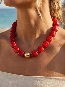 HOTNICE Women's Colorful Chunky Chain Necklace, Fashionable Multicolor Large Square Resin Bead Necklace, Bohemian Style Chunky Chain Necklace Clasp, Y2K Summer Jewelry (Random Bead Quantity) - Red - View 3