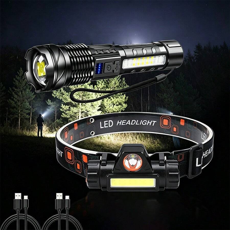 1 Set Flashlight & Headlamp Combo Kit, Dual Light Source USB Rechargeable Torch With Side COB Lamp + Adjustable Head Light, 2 Charging Cables Included For Fishing Camping Emergency Use - Camping Lights - View 1