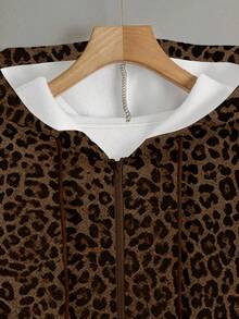 Women's Plus Size Leopard Print Zip-Up Sweatshirt, Casual Long Sleeve Sweatshirt Vacation - Coffee Brown - View 4