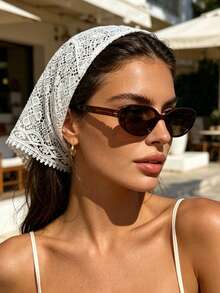 1pc Vintage Artistic Hollow Lace Crochet Triangular Headscarf With Delicate Tassel Trim, Breathable Tie-Up Hair Band, European And American Women's Small Town Travel Photography, French Style Wedding Bride Lazy Elegant Hair Accessory - Multicolor - View 2