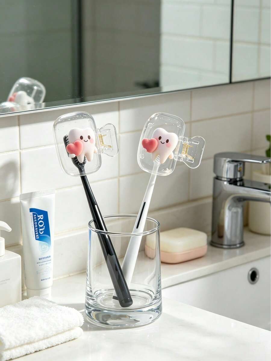 Heart-Shaped Tooth Pattern Portable Combination Set Toothbrush Holder Protective Cover, Portable Toothbrush Case, Travel Toothbrush Storage Box, Portable Toothbrush Head Protective Clip, Toothbrush Storage Clip, Home And Travel Dust-Proof Toothbrush Protective Cover, Suitable For Home And Travel Use, Travel Toothbrush Storage Clip, Protect Your Toothbrush Cleanliness And Care For Your Oral Health - A - View 1