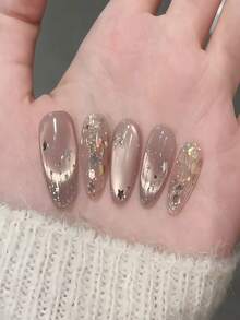 10pcs Starry Sky Handmade Wearable False Nails, Pink Cat Eye With Silver Stars And Gold Foil, Long Oval Shape, All-Season Acrylic Fake Nails, Suitable For Wedding Bride, Valentine's Day And Music Theme, DIY Nail Art Product - Baby Pink - View 6