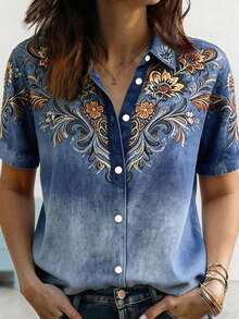Plus Size Women's Vintage Western Floral Print Short Sleeve Button Collar Regular Fit Blouse Summer - Navy Blue - View 1