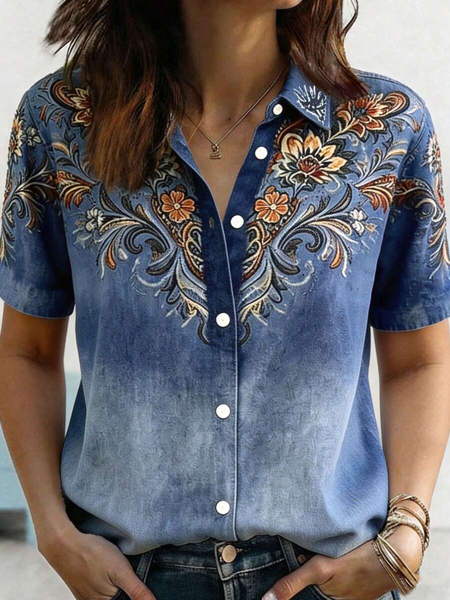 Plus Size Women's Vintage Western Floral Print Short Sleeve Button Collar Regular Fit Blouse Summer - Navy Blue - View 1