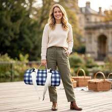80x 83 Large Picnic Blanket Waterproof Sandproof, Foldable Outdoor With Premium Canvas Strap Beach - Blue Gingham - View 7
