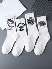 1/5/10 Pairs Random Style White Men's Mid-Calf Socks, Street Fashion Letter Print, Hip-Hop Sports Style, All-Season Socks - Multicolor - View 4