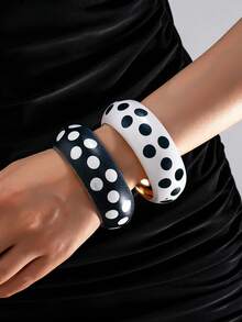 1/2pcs Black & White Polka Dot Bracelet Set, 2pcs Thick Metal Open Bangle, Vintage Fashion Women's Personalized Jewelry - Multicolor - View 14