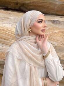1pc Bohemian-Style Fashionable And Simple Striped Gradient Pleated Fringed Lady's Scarf, Casual And Versatile Headscarf, Windproof And Sun-Protective Shawl Accessory For Women, Autumn/Winter - Khaki - View 3
