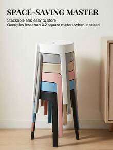 1 Nordic-Style Plastic Round Stool, Stackable For Home Use, Thickened Non-Slip Four-Legged Dining Chair. - Beige - View 3