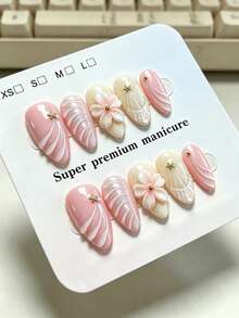 10 pièces de faux ongles en amande faits main, style océan romantique et doux, texture de vague dégradée rose, motifs 3D de fleurs, coquillages, étoiles et strass métalliques pour femmes et filles, utilisation pour festivals, fêtes et vie quotidienne au printemps, été, automne et hiver - Rose bonbon - Voir 2