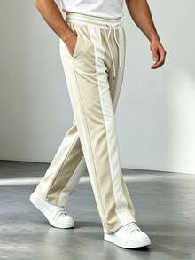 Pantalones largos casuales de moda con bloques de color, cintura elástica con cordón para hombres en verano - Albaricoque - Ver 2