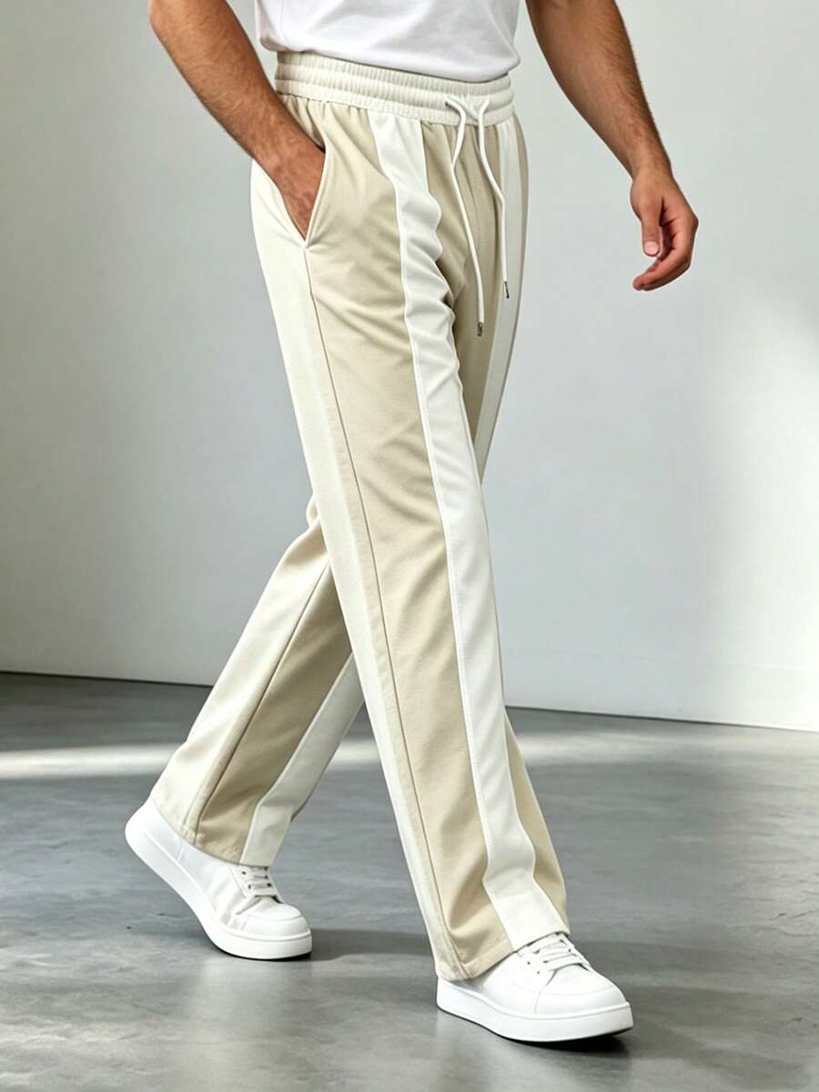 Pantalones largos casuales de moda con bloques de color, cintura elástica con cordón para hombres en verano - Albaricoque - Ver 1