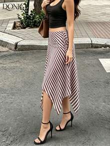 DONICY Women's Summer Striped Midi Skirt - Brown & White Asymmetrical Wrap Skirt, For Beach, Vacation & Casual Wear Fall - Coffee Brown - View 9