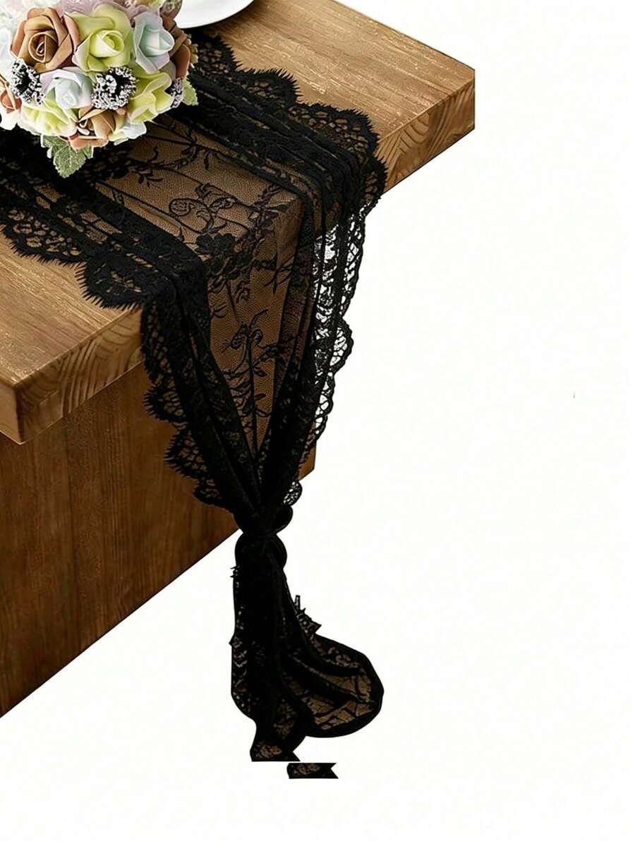 1件 14*118英吋蕾絲桌旗，刺繡波希米亞風婚禮桌旗，復古鄉村蕾絲布料桌旗，適用於婚禮派對新娘婚前派對裝飾（黑色）