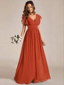 Chiffon Bridesmaid Dress, Short Sleeve Pleated V-Neck Draped Open Back Design Asymmetric Hem, Suitable For Wedding, Vacation Wear, Mother Of The Bride Dress Spring - Burnt Orange - View 4